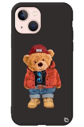 Iphone 13 Uyumlu Siyah Renkli Premium Içi Kadifeli Ayıcık Bear Desenli Silikon Telefon Kılıfı ayicik_195
