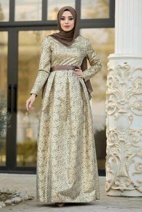 Tesettürlü Abiye Elbise - Desenli Vizon Jakarlı Tesettür Abiye Elbise 82452v MGR-82452|00011_Vizon