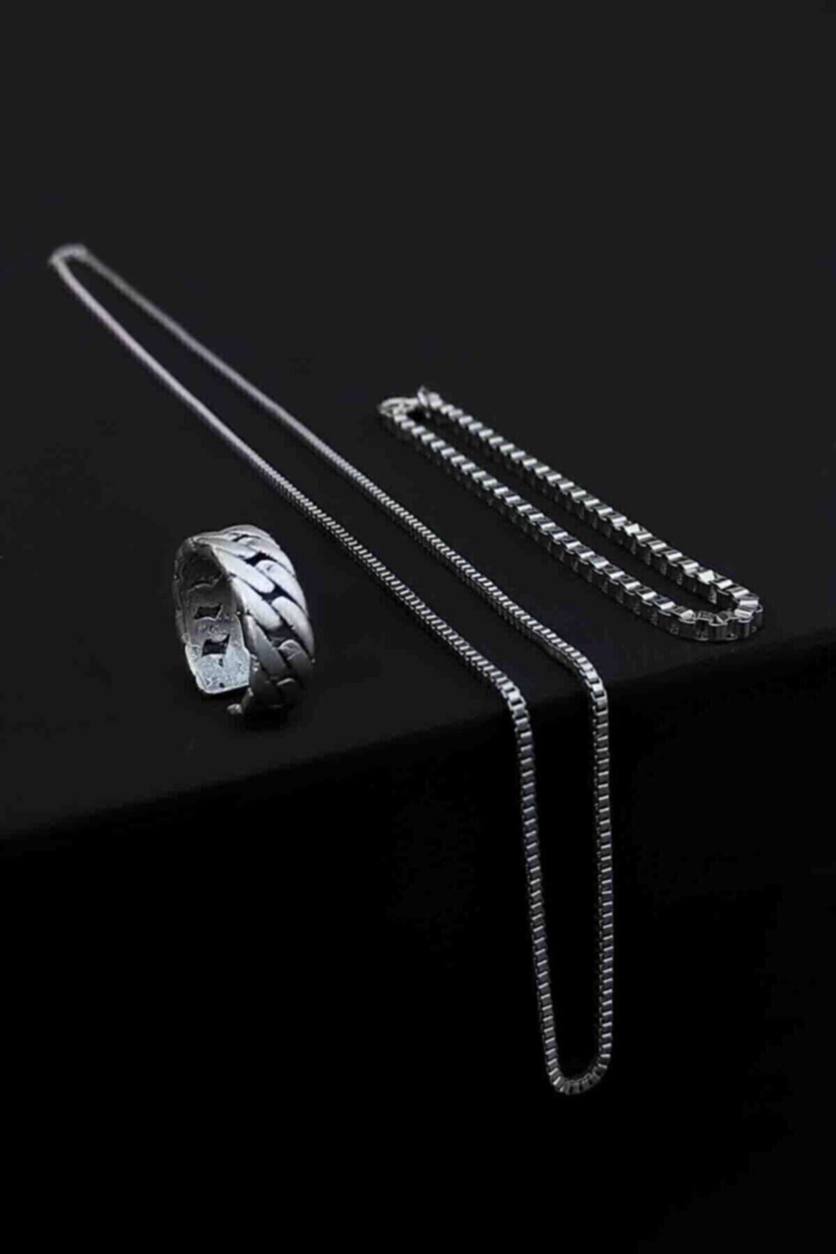 The Collection Zincir Ayarlanabilir Gümüş Kaplama Yüzük Küp Bileklik Ve Kolye Set