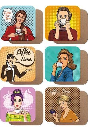 Pop Art Çay Kahve Içen Kadınlar 6lı Ahşap Bardak Altlığı Seti atc420-1124