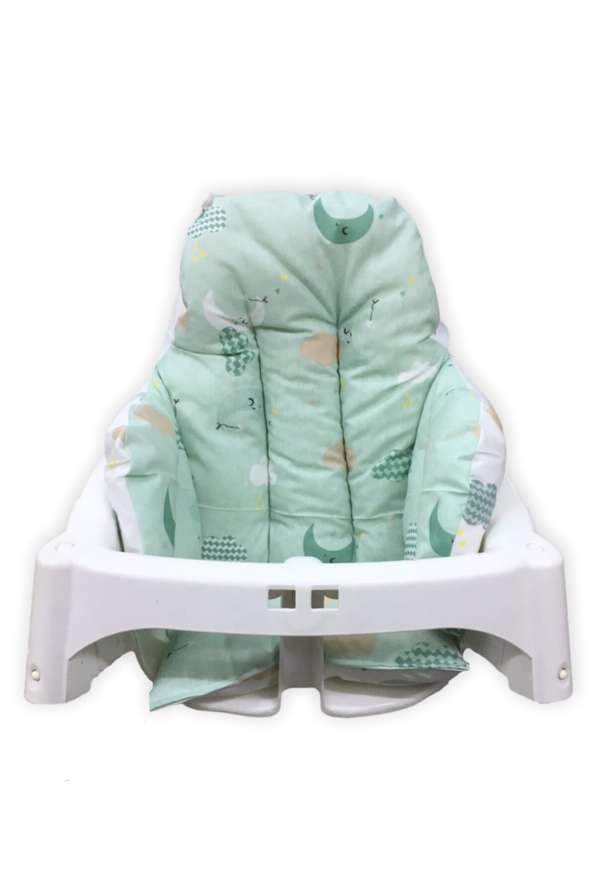 Bebek Özel Pamuklu Bebek Çocuk Mama Sandalyesi Minderi Yeşil Beyaz Ay Bulutlu
