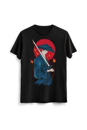 Unisex Erkek Kadın Japanese Japon Samurai Samuray Tasarım Siyah Tişört Tshirt T-shirt 00348