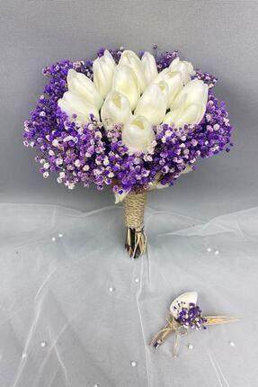 Mor Kurutulmuş Çiçekli Beyaz Islak Laleli Gelin Buketi ve Damat Yaka Çiçeği YHDTXCB57F6A914651