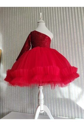 Kız Çocuk Kırmızı Tek Omuz Elbise NGS KTO1007