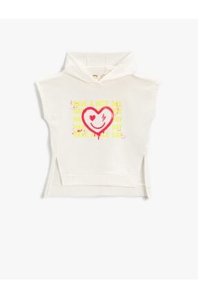 Kalp Baskılı Kapşonlu Kolsuz Sweatshirt Kesik Detaylı 2SKG10061AK