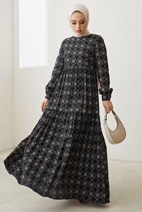 Geometrik Elmina Salaş Elbise - Siyah MS00MP9563