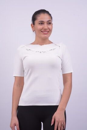 Kadın Ithal Boncuk Işlemeli El Işi Kısa Kol Beyaz Triko Bluz 6136 SUDE-6136