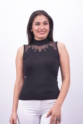 Kadın Ithal Boncuk Işlemeli El Işi Kolsuz Siyah Triko Bluz 6117 SUDE-6117