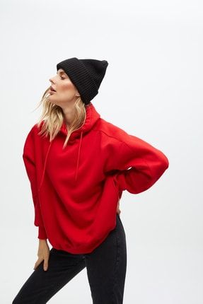 Kadın Kırmızı Kapüşonlu 3 Iplik Pamuklu Ekstra Oversize Sweatshirt MK-7