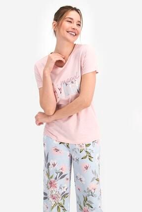 Floral Pattern Toz Somon Kadın Kısa Kol Pijama Takımı AR1228-S