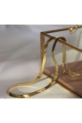 Italyan Ezme Yassı Zincir Kadın Kolye Gold Çelik Üzeri 22 Ayar Altın Kaplama Garanti Belgeli JDN103KLY