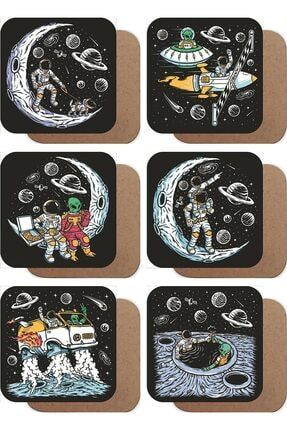 Uzayda Hayat Var, Eğlenceli Astronot 6lı Ahşap Bardak Altlığı Seti atc420-1131