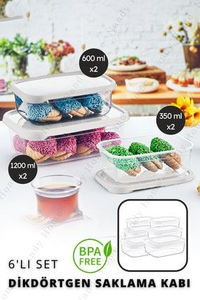 6'lı Set Embox Dikdörtgen Erzak, Gıda Saklama Kabı Beyaz NDY-EP-300