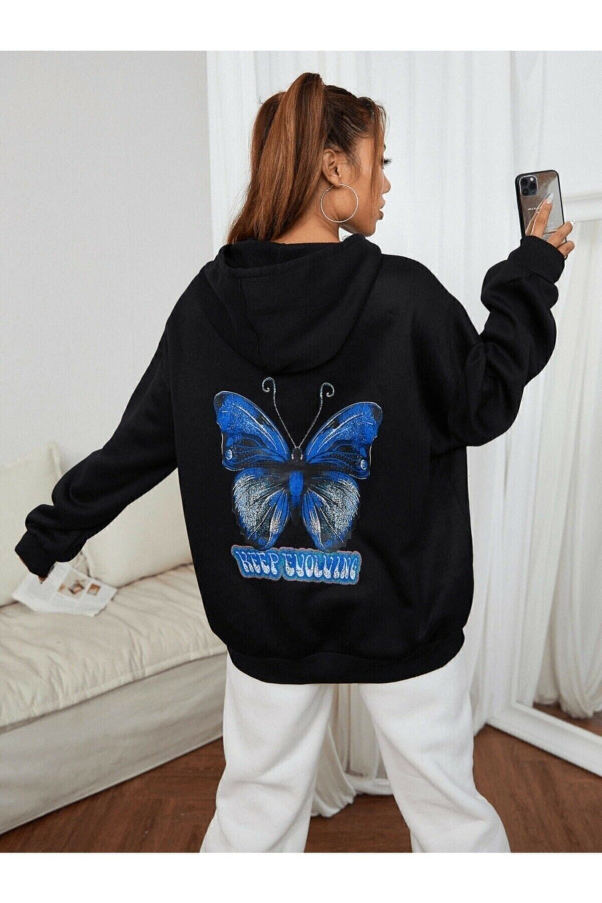 Kadın Siyah Oversize Kapşonlu Sweatshirt Butterfly Baskılı