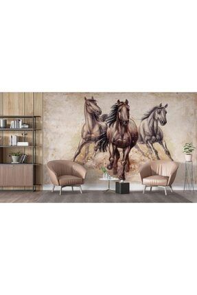 3 Boyutlu Kahverengi Koşan Atlar Duvar Posteri 3D-464