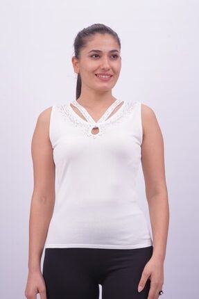 Kadın Ithal Boncuk Işlemeli El Işi Kolsuz Beyaz Triko Bluz 6113 SUDE-6113