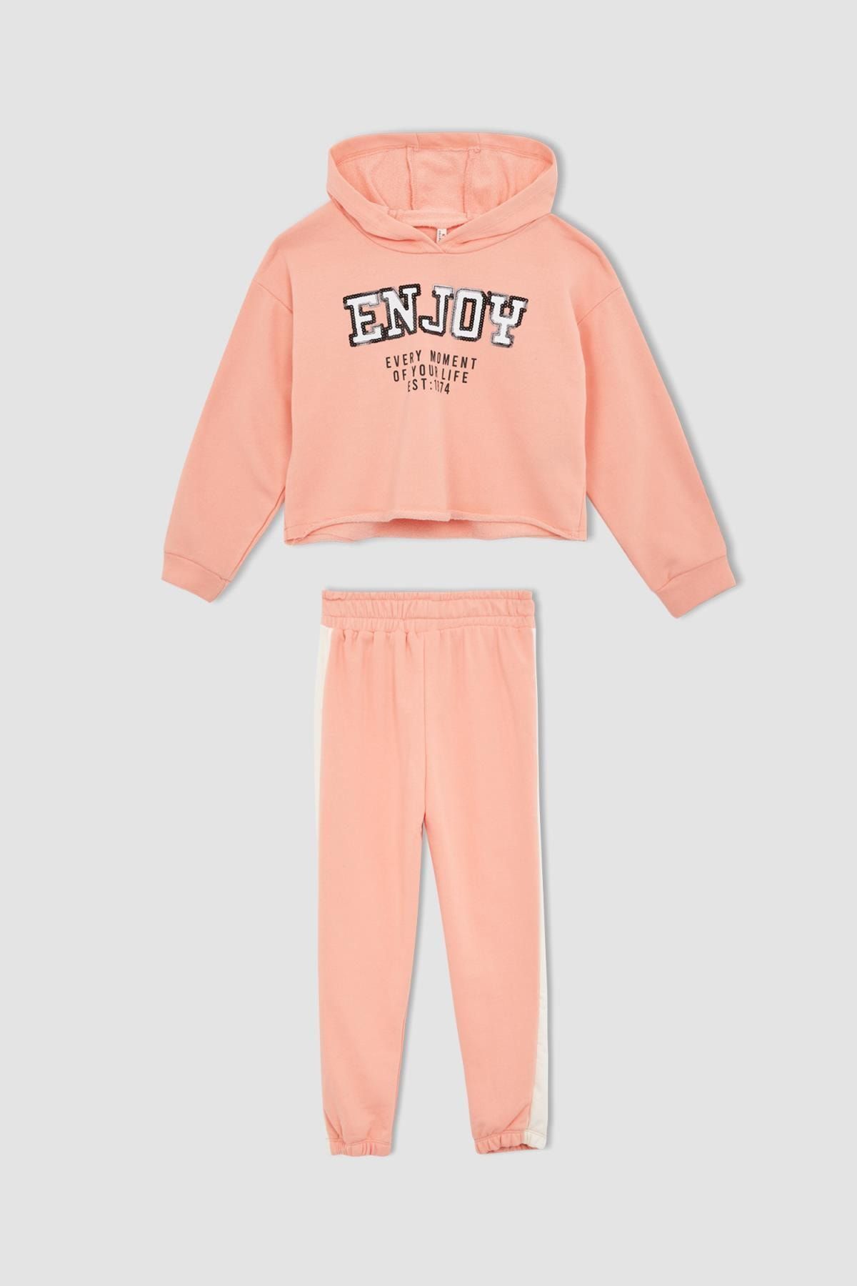 Defacto Girl s Print Hooded Sweatshirt Jogger Tracksuit 2 Piece