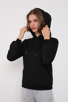 Kadın 3 Iplik Kapşonlu Sweatshirt Siyah 3697