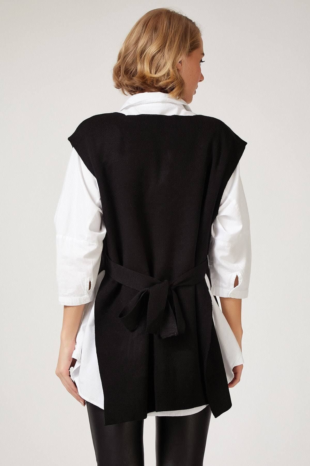 Resk fashion-Pulover negru de damă, cu decolteu în V, lung, tricotat 3