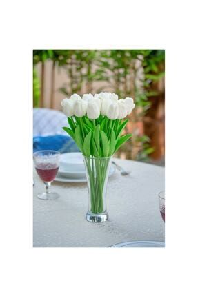 Fransız Style Şeffaf Vazoda 20'li Beyaz Islak Lale Yapay Çiçek AKERFRSEFFAFVAZOLALE20-BEYAZ