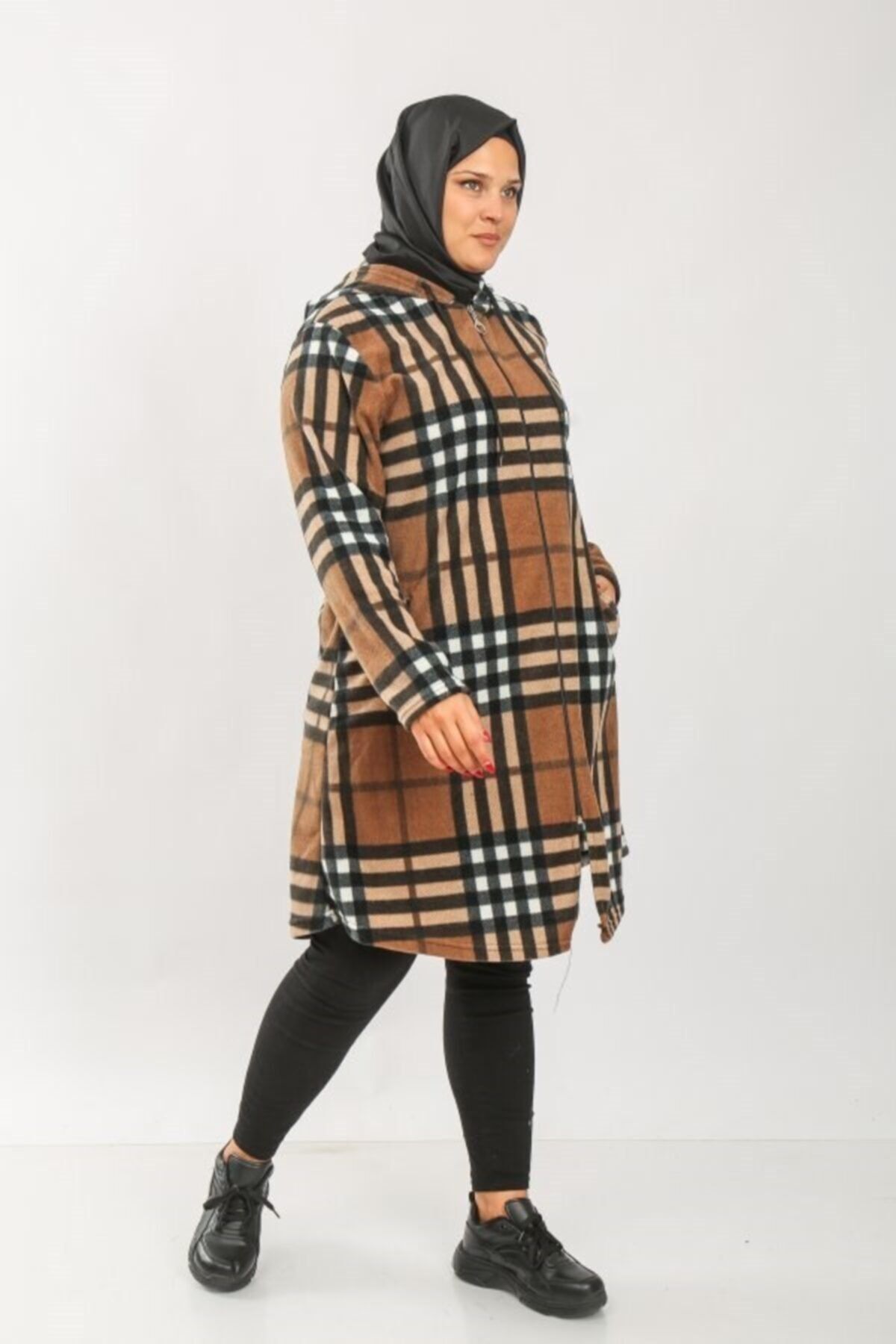 Aşkı Endam-Plus Size Hooded Zippered Fleece Cap - Mink Four Lines 3