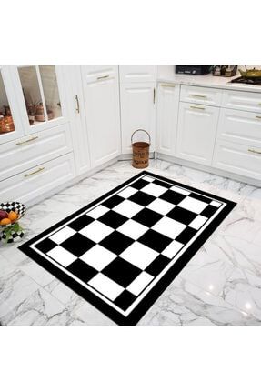 Siyah Beyaz Kare Kitchen 73 Yıkanabilir Kaymaz Taban Dekoratif Salon Koridor Ve Mutfak Halısı Mdd kitchenmat73