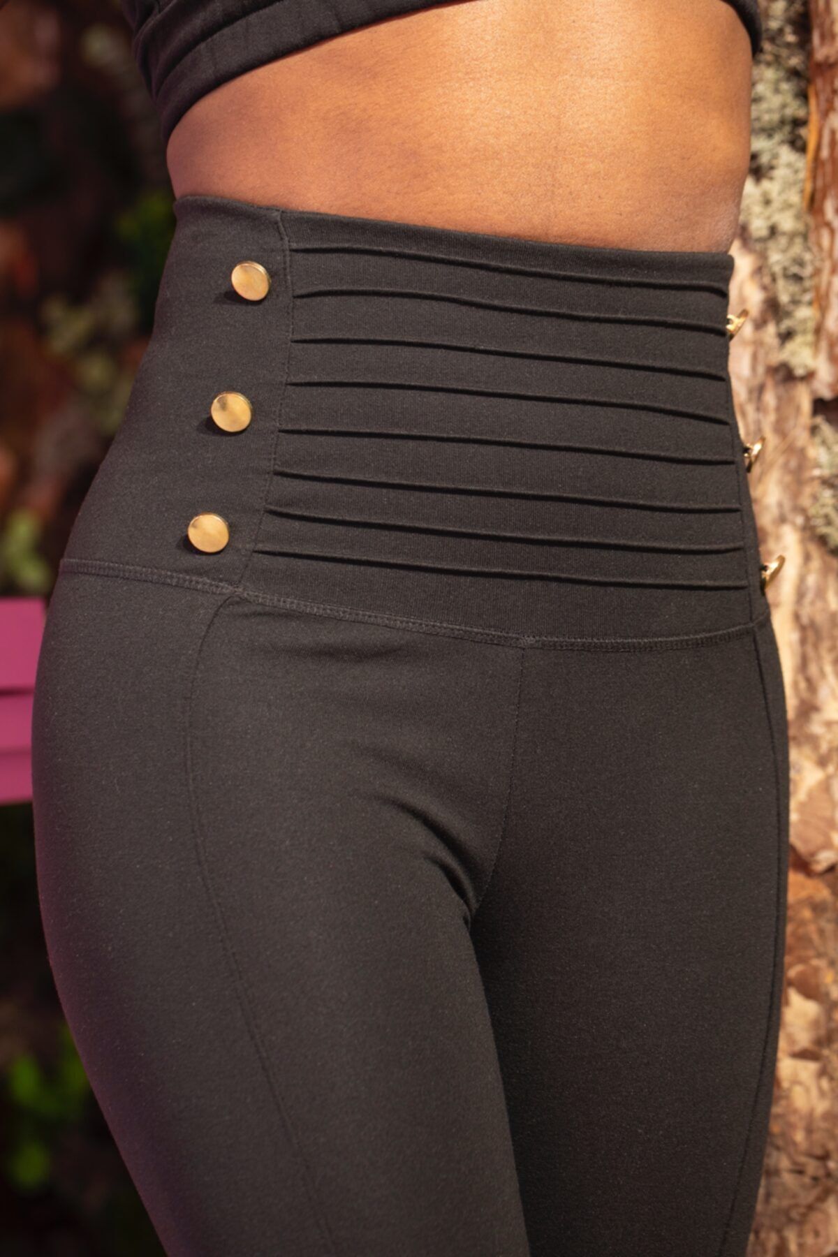 Grenj Fashion Black Super High Waist Gold Button and Shape