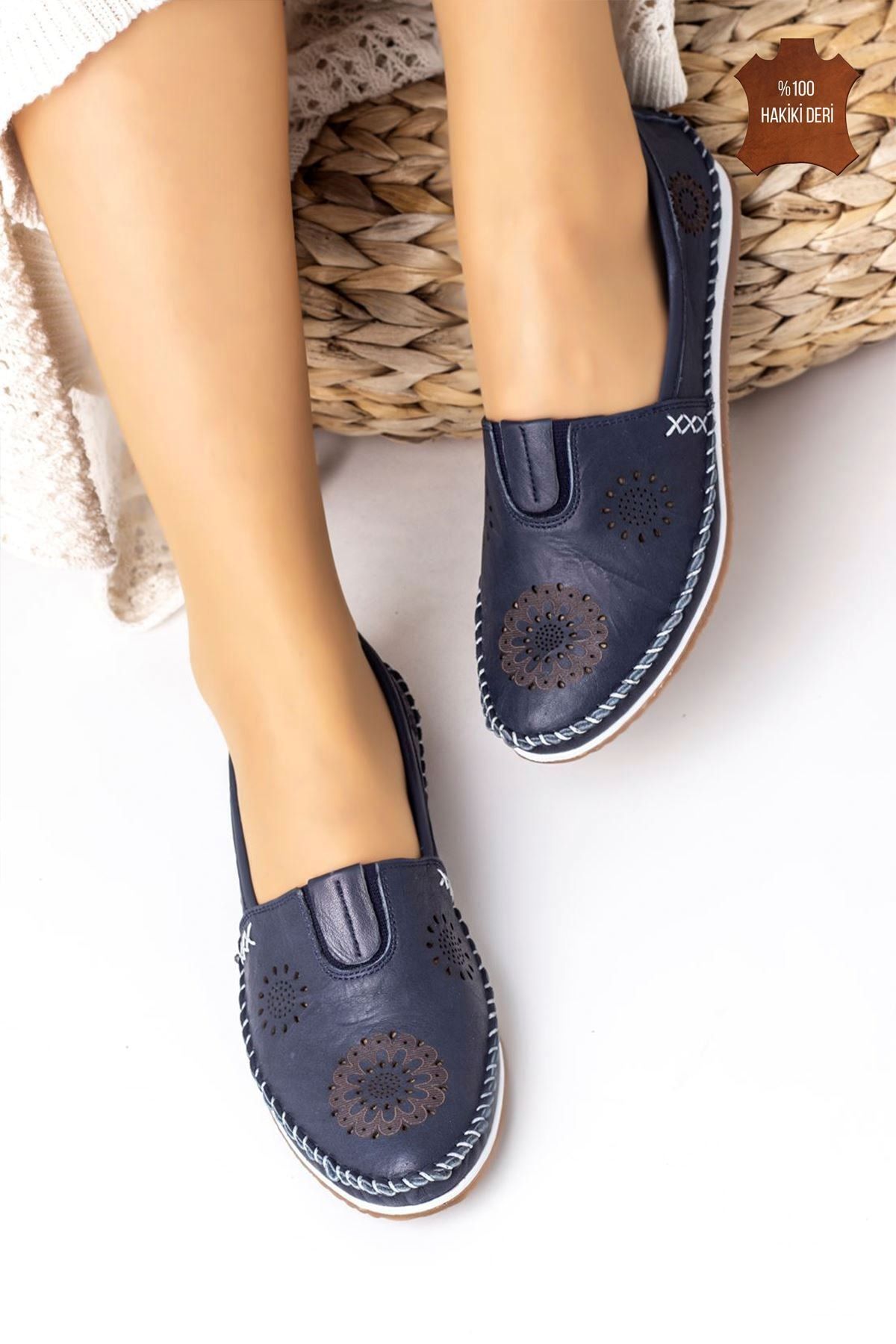 Lal Shoes & Bags-Loyd (%100) حذاء فلات نسائي مريح جلد طبيعي - أزرق داكن 2