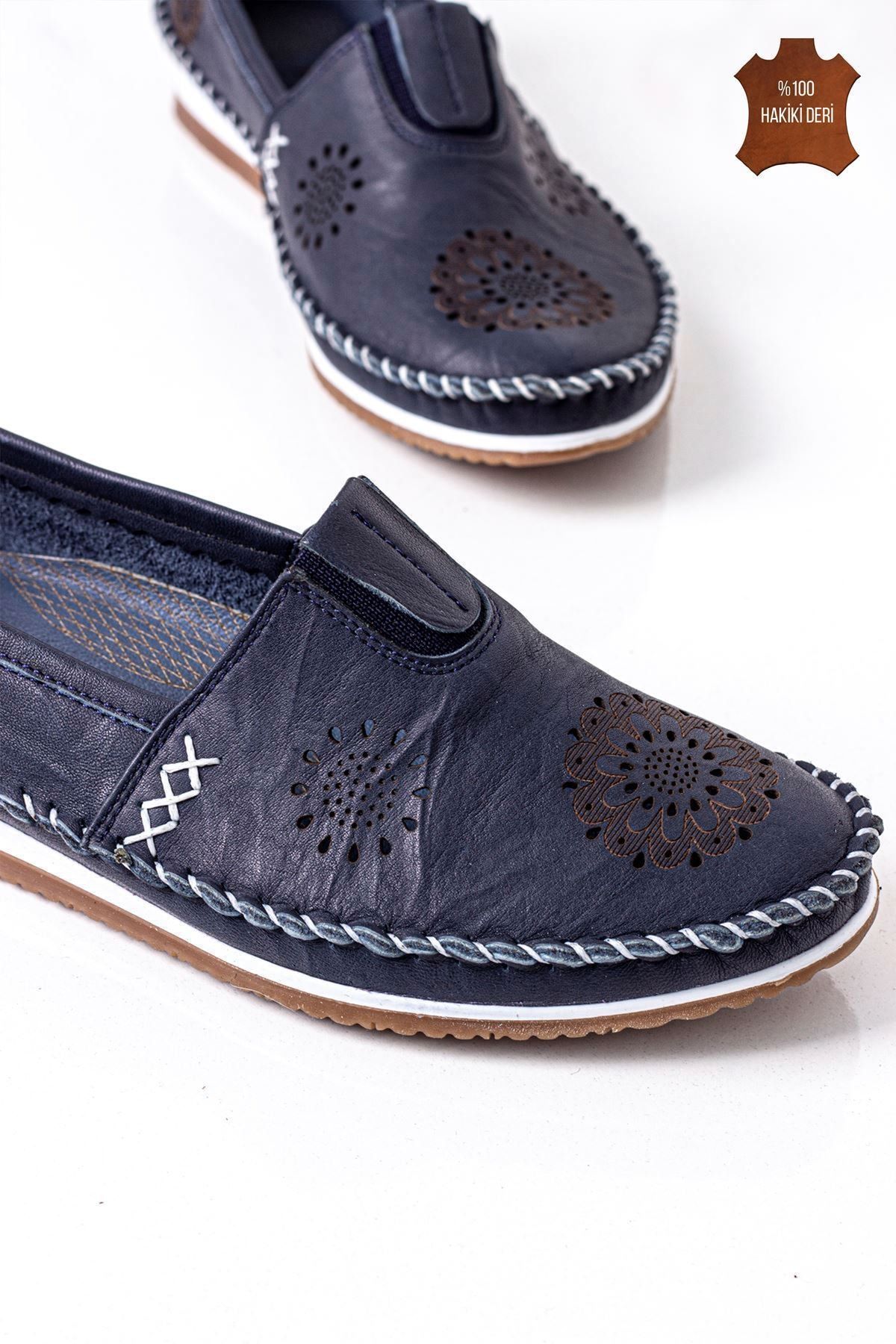 Lal Shoes & Bags-Loyd (%100) حذاء فلات نسائي مريح جلد طبيعي - أزرق داكن 3