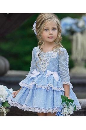 Kız Çocuk Mavi Şifon Kumaş Dantel Kurdele Detaylı Elbise HCFMSFNELBS