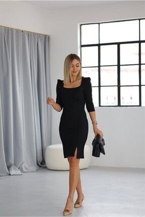 Siyah Mini Yırtmaçlı Elbise 3344