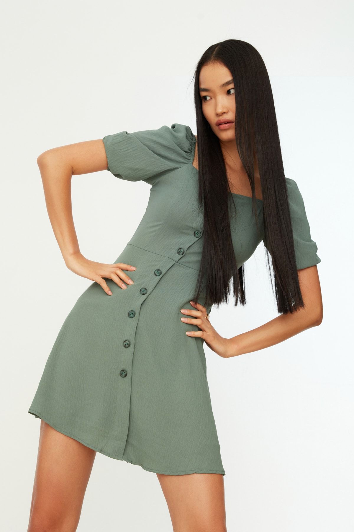 Kolekcia Trendyol-Mint A-line balónové mini tkané šaty TWOSS20EL2314 9