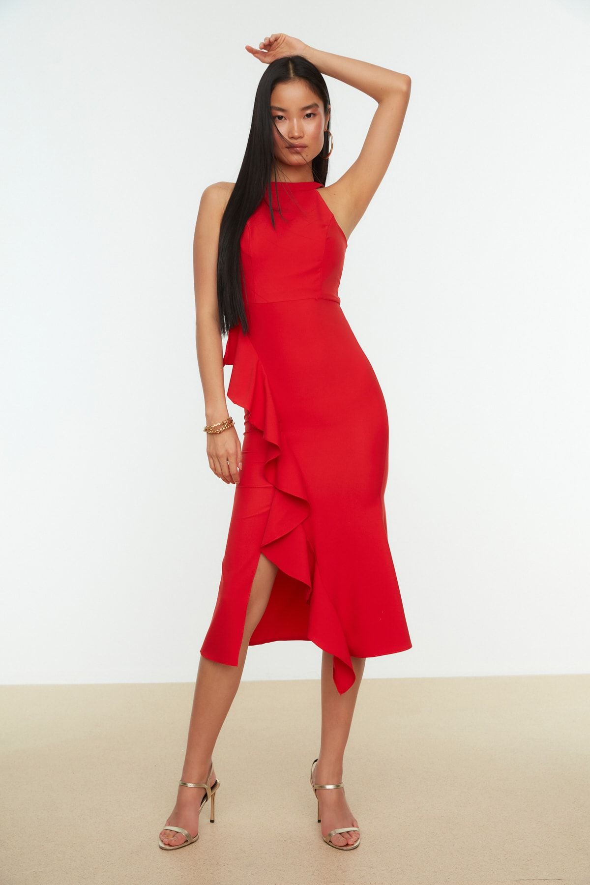 Celeste ruffle front fitted midi dress discount