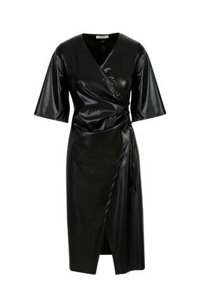 Kadın Siyah Yandan İp Detaylı Yırtmaçlı Deri Elbise FM-DR-210