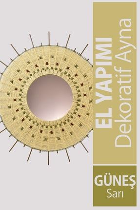 Dekoratif Güneş Ayna Sarı Nakışlı Modeli - Tamamen El Yapımı (handmade) Dekorasyon AYN0115