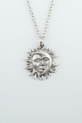 Güneş Ev Ay Erkek Kadın Kolye Antik Gümüş Kaplama 60 cm Düz Zincir 1016