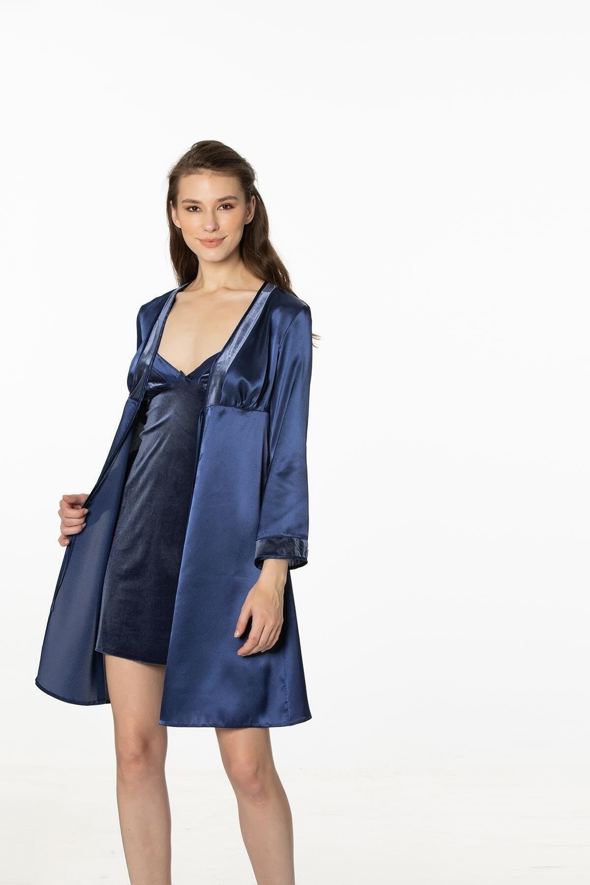 Pierre Cardin Kadın Kadife Saten Gecelik & Sabahlık Takım - 4040 Lacivert