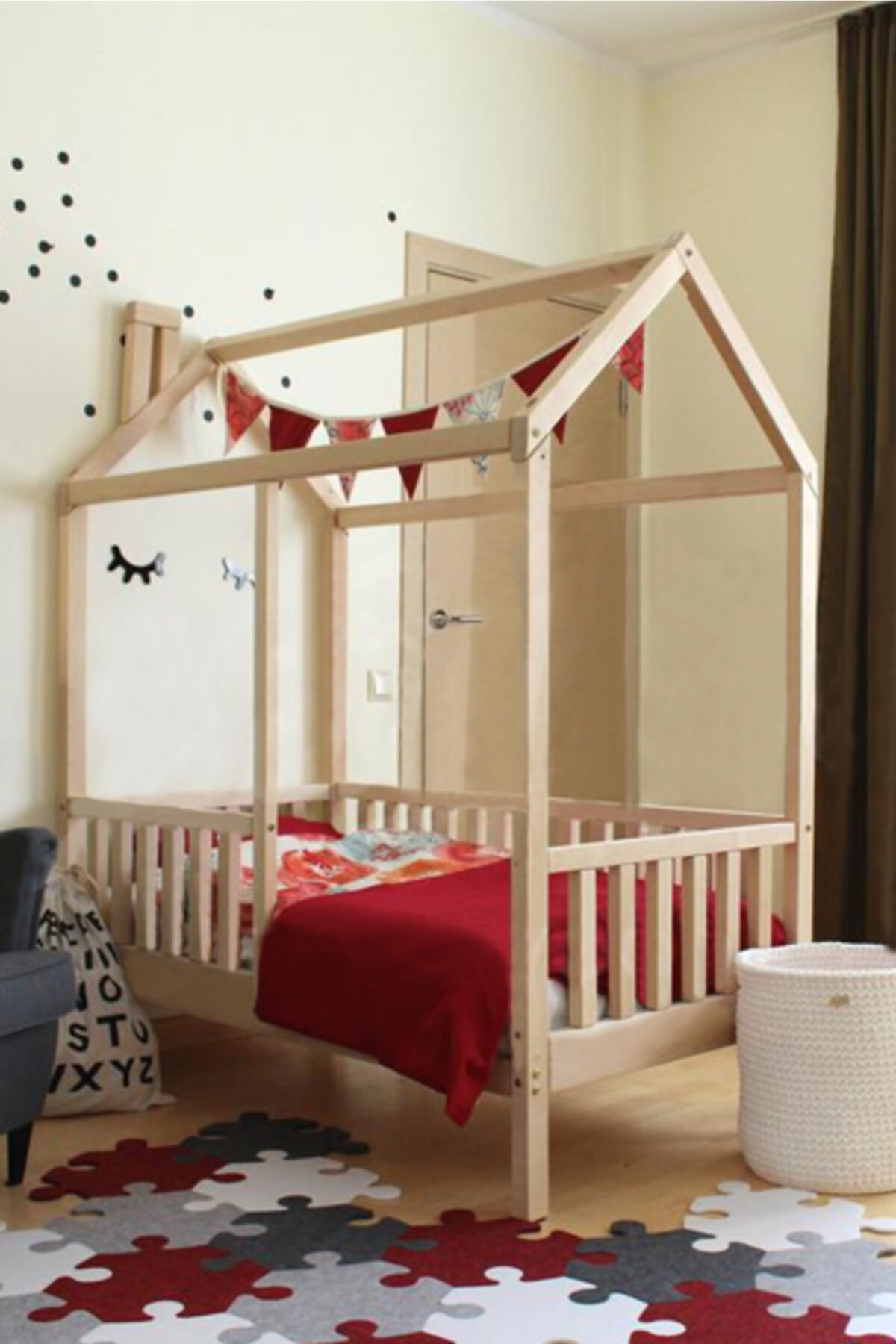 – Unisex Montessori Bebek Ve Çocuk Karyolası Çatılı Doğal Ahşap Yatak
