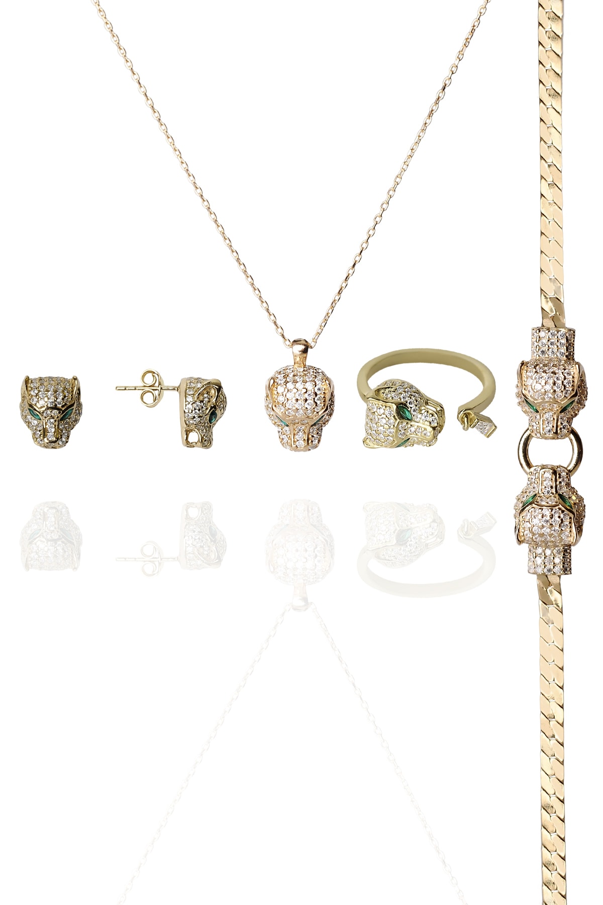 ENCİLİ SİLVER 925 Ayar Gümüş Özel Tasarım Panter Model Gold Renk Set(kolye+küpe+yüzük+bileklik)
