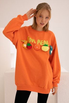 Kadın Turuncu Fruit Oversize Sweatshirt OLNSWTOP