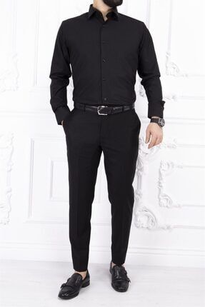 Erkek Slim Fit Dar Yaka Uzun Kol 6 Drop Siyah Gömlek PR1052