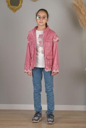 Kız Çocuk Brodeli Mikro Yağmurluk Baskılı Tişört Kot Pantolonlu 3 lü Takım SRN-0037