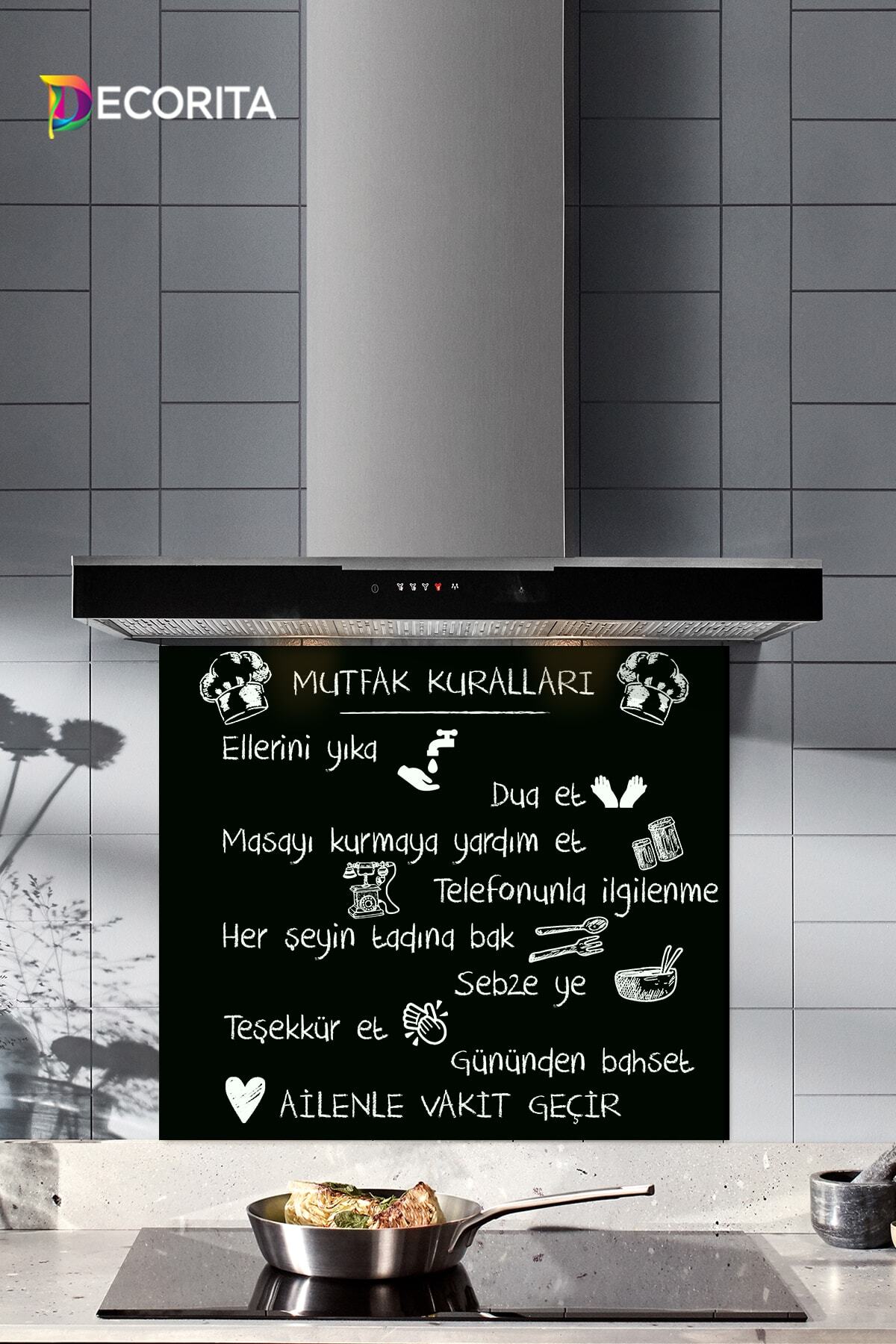 Decorita Siyah Mutfak Kuralları Cam Ocak Arkası Koruyucu 52cm x Decorita Siyah Mutfak Kuralları Cam Ocak Arkası Koruyucu 52cm x