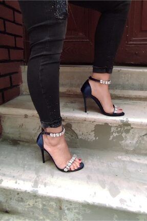 Tek Bant Bilek Taşlı Lacivert Saten 11cm Topuklu Kadın Ayakkabı LA-02Cristina