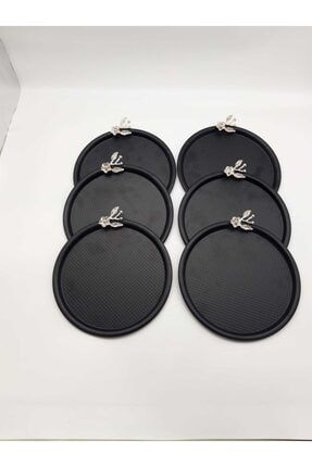Dekoratif Tek Kişilik Siyah Gümüş Japon Güllü 6 Lı Servis Ve Sunum Tepsi Lux Nokta Detaylı TKP0107