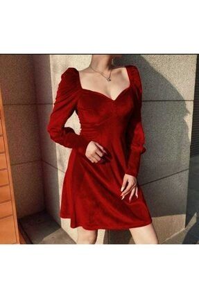 Kırmızı Kadife Kumaş Göğüs Dekolteli Uzun Kollu Mini Elbise Abiye Elbise 581921 662 TKN-662