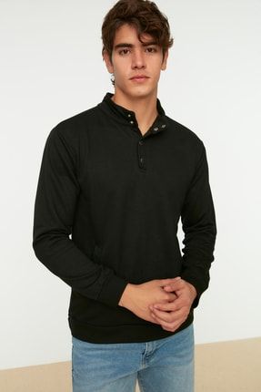 Siyah Erkek Regular Fit Dik Yaka Düğmeli Sweatshirt TMNAW22SW0160