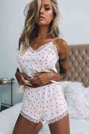 Kadın Beyaz Dantel İşlemeli Kalpli Şort Takım Pijama MS3243-BEYAZ