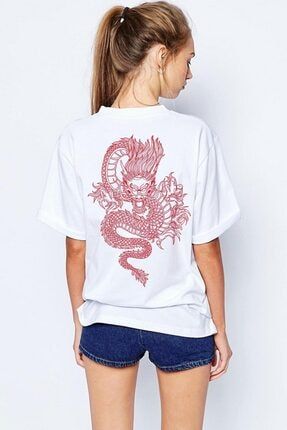 Oversize Dragon Baskılı Beyaz Tshirt dragontshirt