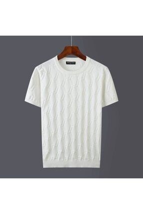 Beyaz Erkek Yuvarlak Yaka Desenli Örme T-shirt CT25252525